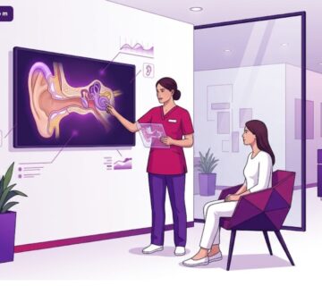 رسم توضيحي يظهر طبيب يشرح عملية نحت غضروف الأذن في تركيا للمريض داخل عيادة فاخرة 