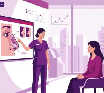 رسم توضيحي يظهر طبيب يشرح خطوات تجربتي مع تجميل الأنف في تركيا للمريض داخل عيادة عصرية 