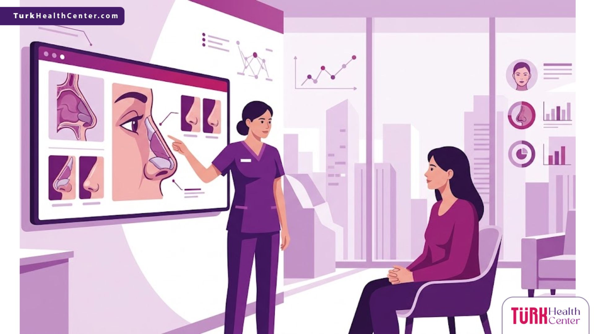 رسم توضيحي يظهر طبيب يشرح خطوات تجربتي مع تجميل الأنف في تركيا للمريض داخل عيادة عصرية 