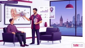 رسم توضيحي عصري لعيادة متخصصة في تجميل الأذن للرجال في تركيا يظهر طبيباً يشرح الإجراء لمريض 