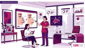 رسم توضيحي عصري يظهر طبيب يشرح خطوات تجميل الأنف قبل وبعد في تركيا لمريض داخل عيادة فاخرة 