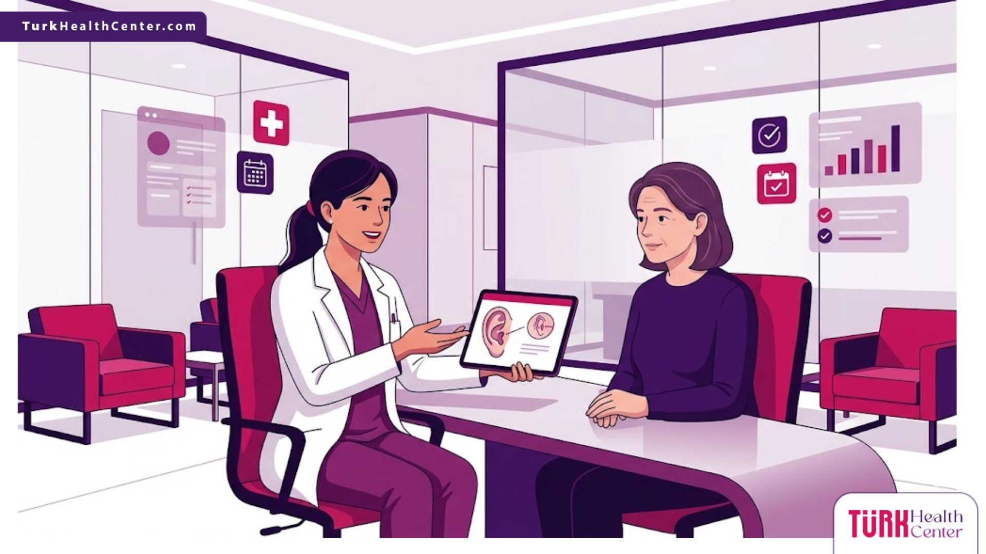 رسم توضيحي عصري لعيادة تجميل في تركيا حيث يشرح الطبيب للمريضة خطوات تجميل الأذن للنساء في تركيا بألوان فاخرة 