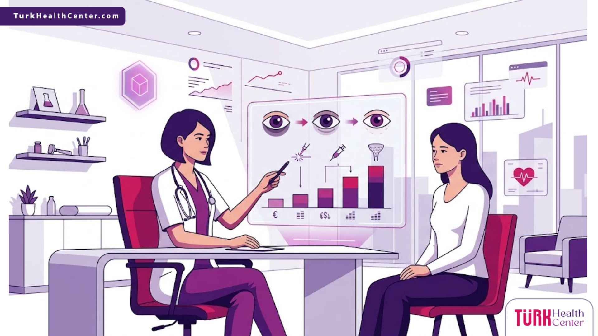 رسم توضيحي عصري لعيادة طبية تناقش تكلفة إزالة الهالات السوداء طبياً مع المريض 