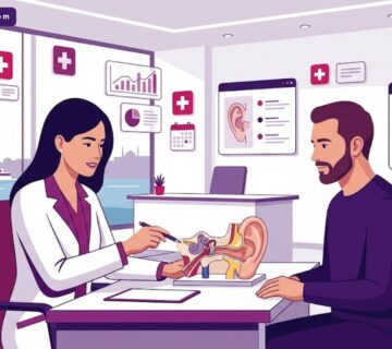 رسم توضيحي يظهر طبيب يشرح خطوات عملية تجميل صيوان الأذن في تركيا لمريض داخل عيادة فاخرة بألوان البنفسجي والمجنتيا 