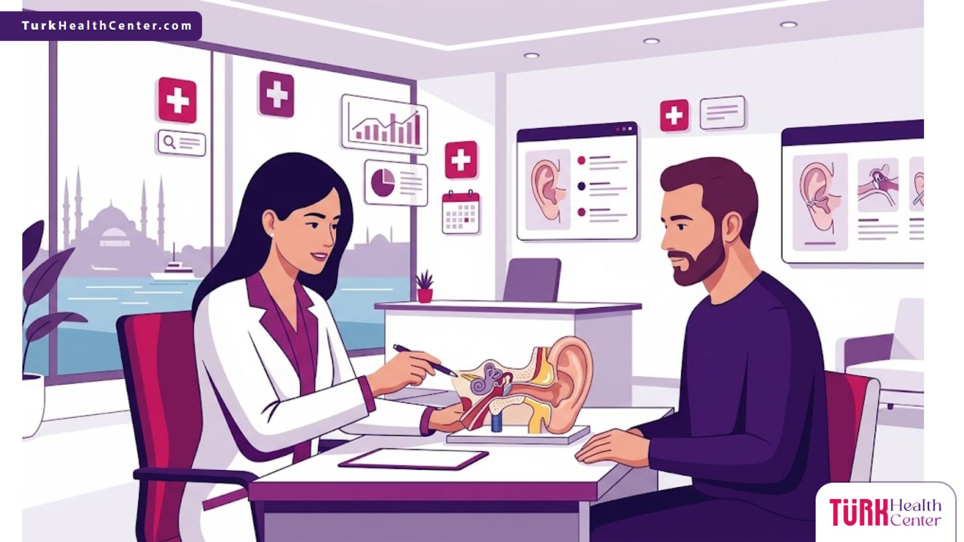 رسم توضيحي يظهر طبيب يشرح خطوات عملية تجميل صيوان الأذن في تركيا لمريض داخل عيادة فاخرة بألوان البنفسجي والمجنتيا