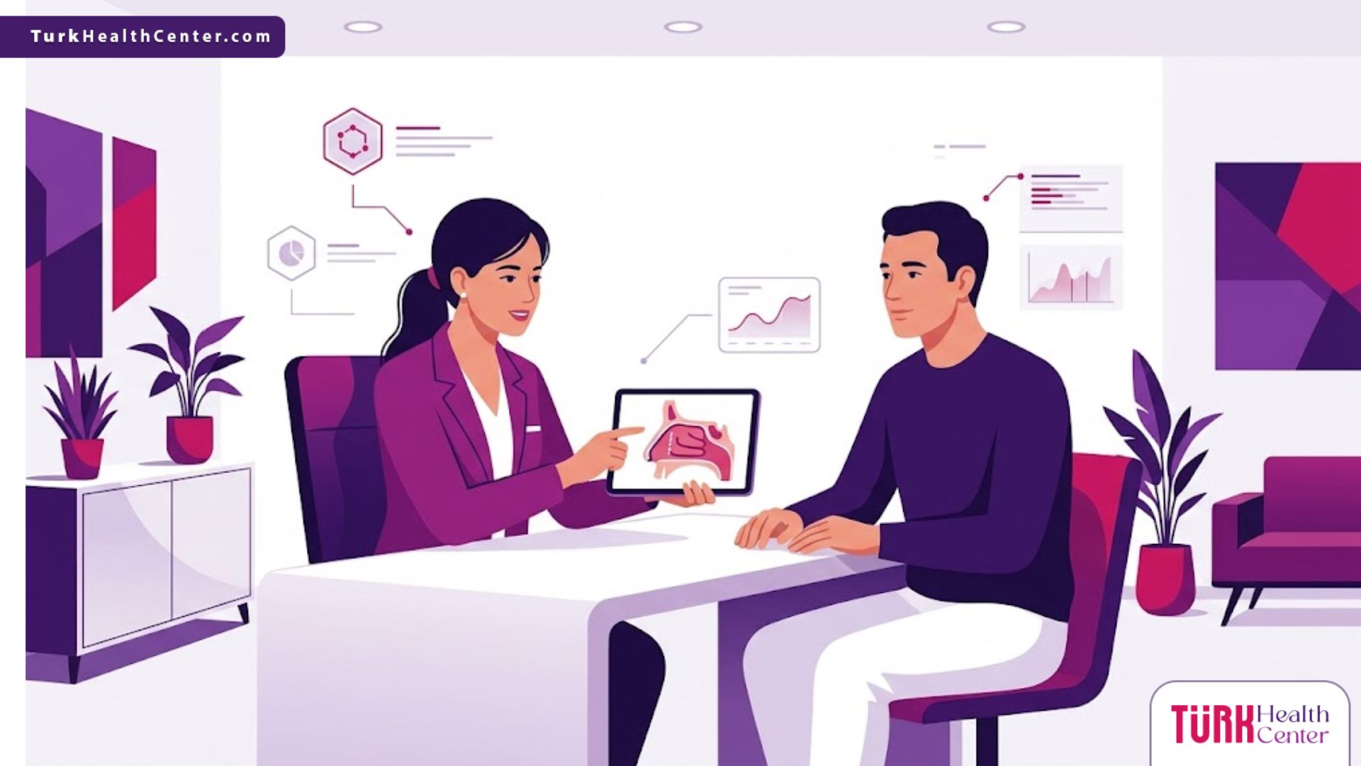 رسم توضيحي يظهر طبيب يشرح عملية تصحيح انحراف الحاجز الأنفي في تركيا لمريض داخل عيادة فاخرة