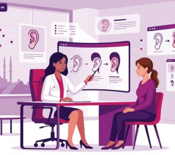 رسم توضيحي عصري لطبيب يشرح خطوات عملية تصحيح الأذن البارزة في تركيا لمريض داخل عيادة فاخرة 