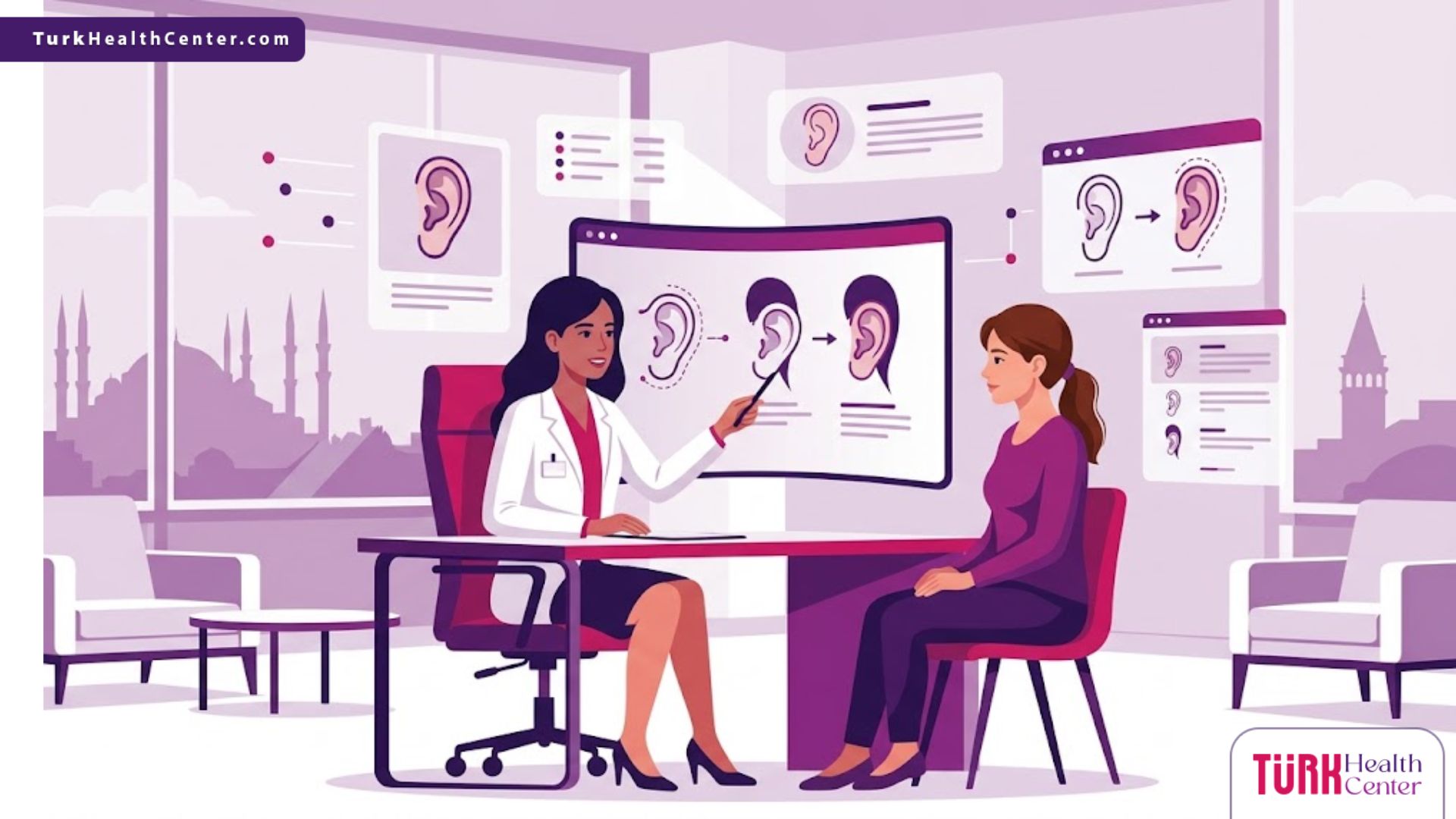 رسم توضيحي عصري لطبيب يشرح خطوات عملية تصحيح الأذن البارزة في تركيا لمريض داخل عيادة فاخرة 