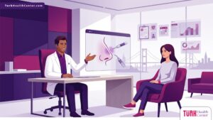 رسوم توضيحية فاخرة تظهر طبيباً يشرح تفاصيل تجميل الأنف بالبيزو في تركيا لمريض في عيادة عصرية 