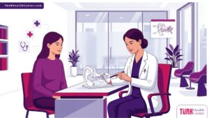 رسم توضيحي عصري لعيادة طبية يشرح فيها الطبيب تفاصيل تجربتي مع تجميل الأذن في تركيا للمريض 