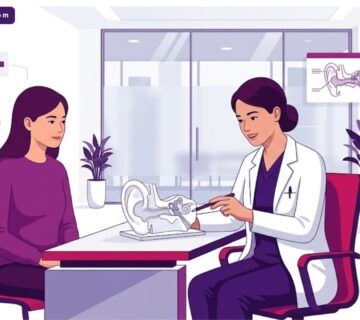 رسم توضيحي عصري لعيادة طبية يشرح فيها الطبيب تفاصيل تجربتي مع تجميل الأذن في تركيا للمريض 