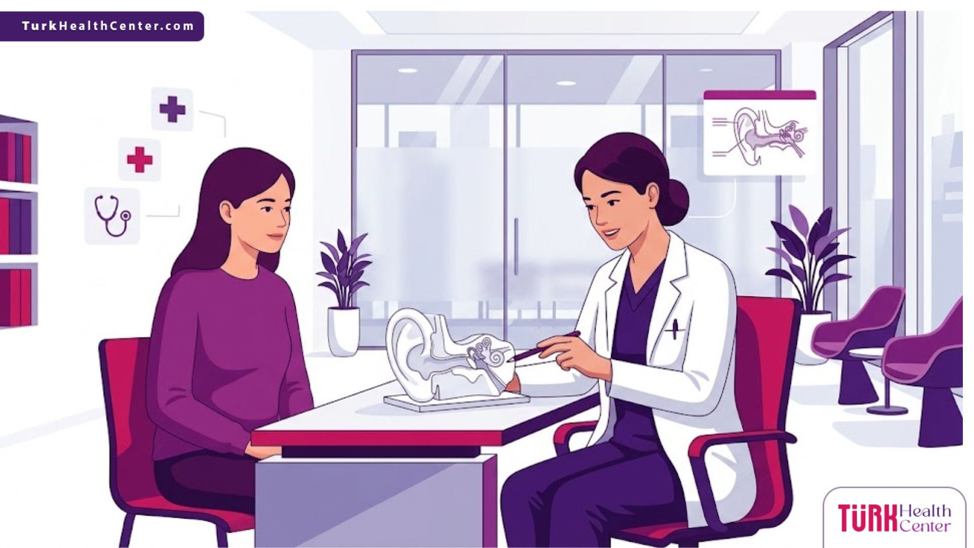 رسم توضيحي عصري لعيادة طبية يشرح فيها الطبيب تفاصيل تجربتي مع تجميل الأذن في تركيا للمريض 