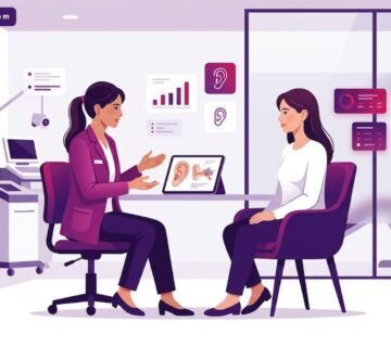 رسوم توضيحية لعيادة طبية حديثة تشرح مراحل تجربتي مع علاج تشوهات الأذن في تركيا بألوان فاخرة 