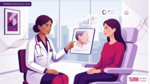 رسم توضيحي لطبيب يشرح تقنيات علاج ترهل أسفل الوجه في تركيا داخل عيادة عصرية فاخرة 