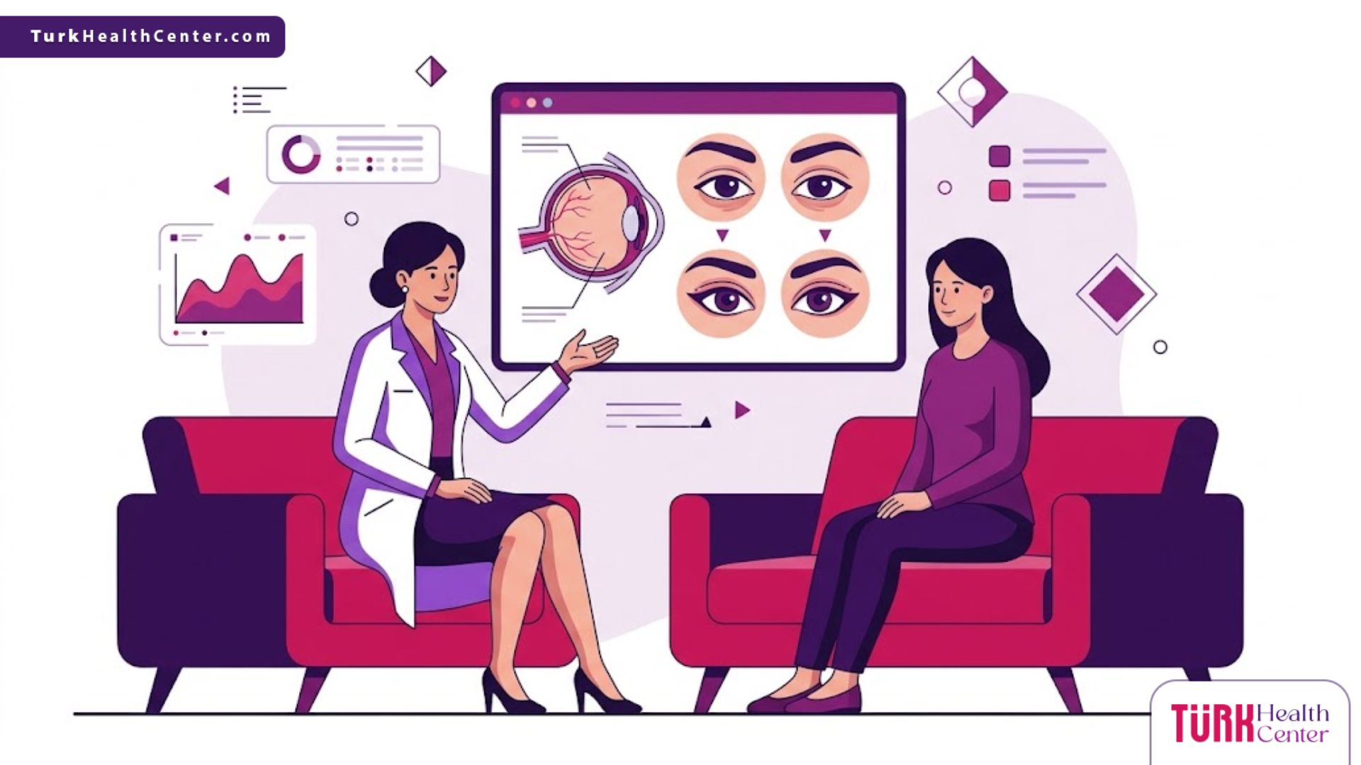 رسم توضيحي يظهر طبيب يشرح خطوات عملية تكبير العيون في تركيا لمريضة داخل عيادة فاخرة بألوان أرجوانية عصرية 