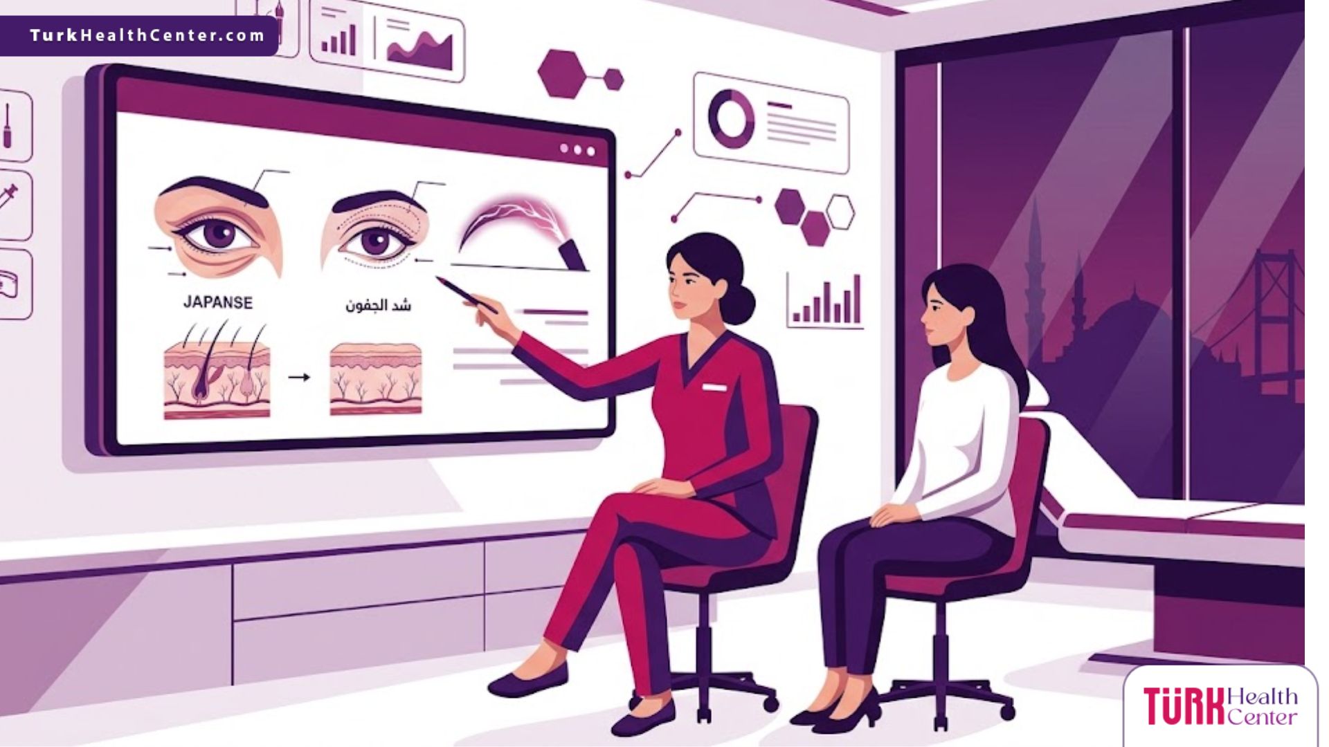 رسوم توضيحية لعيادة طبية حديثة تشرح عملية شد الجفون بالبلازما في تركيا بأسلوب فني راقٍ 