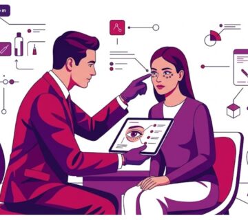 رسوم توضيحية فاخرة لطبيب يشرح عملية حقن الدهون تحت العين في تركيا لمريض داخل عيادة عصرية 