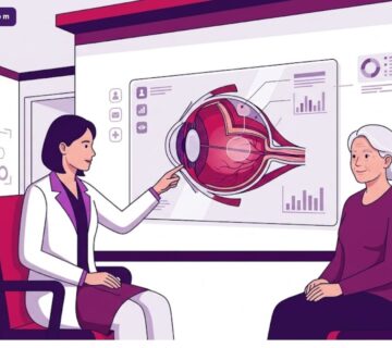 رسم توضيحي يظهر طبيبًا يشرح عملية تجميل العيون الجاحظة في تركيا لمريض داخل عيادة فاخرة بألوان البنفسجي والمجنتة 