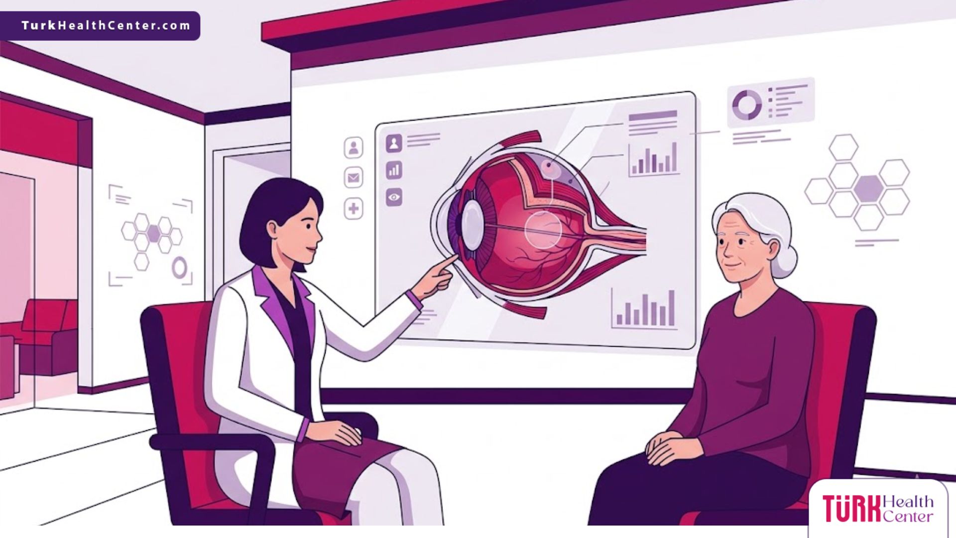 رسم توضيحي يظهر طبيبًا يشرح عملية تجميل العيون الجاحظة في تركيا لمريض داخل عيادة فاخرة بألوان البنفسجي والمجنتة