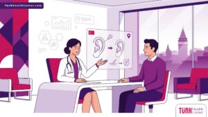 رسم توضيحي يظهر طبيب تجميل يشرح خطوات عملية تصغير الأذن الكبيرة في تركيا لمريض داخل عيادة عصرية 