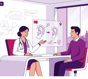 رسم توضيحي يظهر طبيب تجميل يشرح خطوات عملية تصغير الأذن الكبيرة في تركيا لمريض داخل عيادة عصرية 