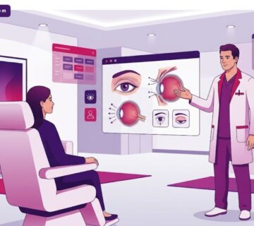 رسوم توضيحية لعيادة طبية حديثة تشرح خطوات تجربتي مع تجميل العيون في تركيا بأسلوب فيكتور راقي 