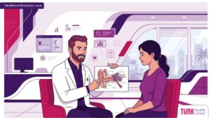 رسم توضيحي عصري لطبيب يشرح تقنيات تجميل صيوان الأذن في تركيا لمريض داخل عيادة فاخرة بألوان أرجوانية احترافية 