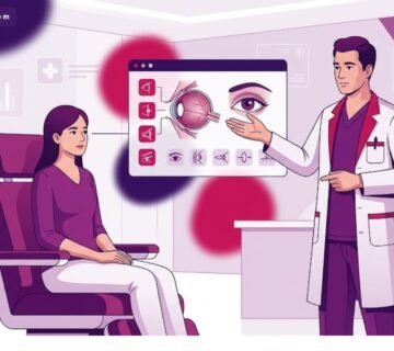 رسم توضيحي عصري يوضح استشارة طبية حول تجربتي مع عملية توسيع العيون في تركيا داخل عيادة فاخرة 