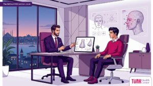 رسوم توضيحية فاخرة لعيادة طبية متخصصة في تجميل الأنف للرجال في تركيا تظهر استشارة طبية مهنية 