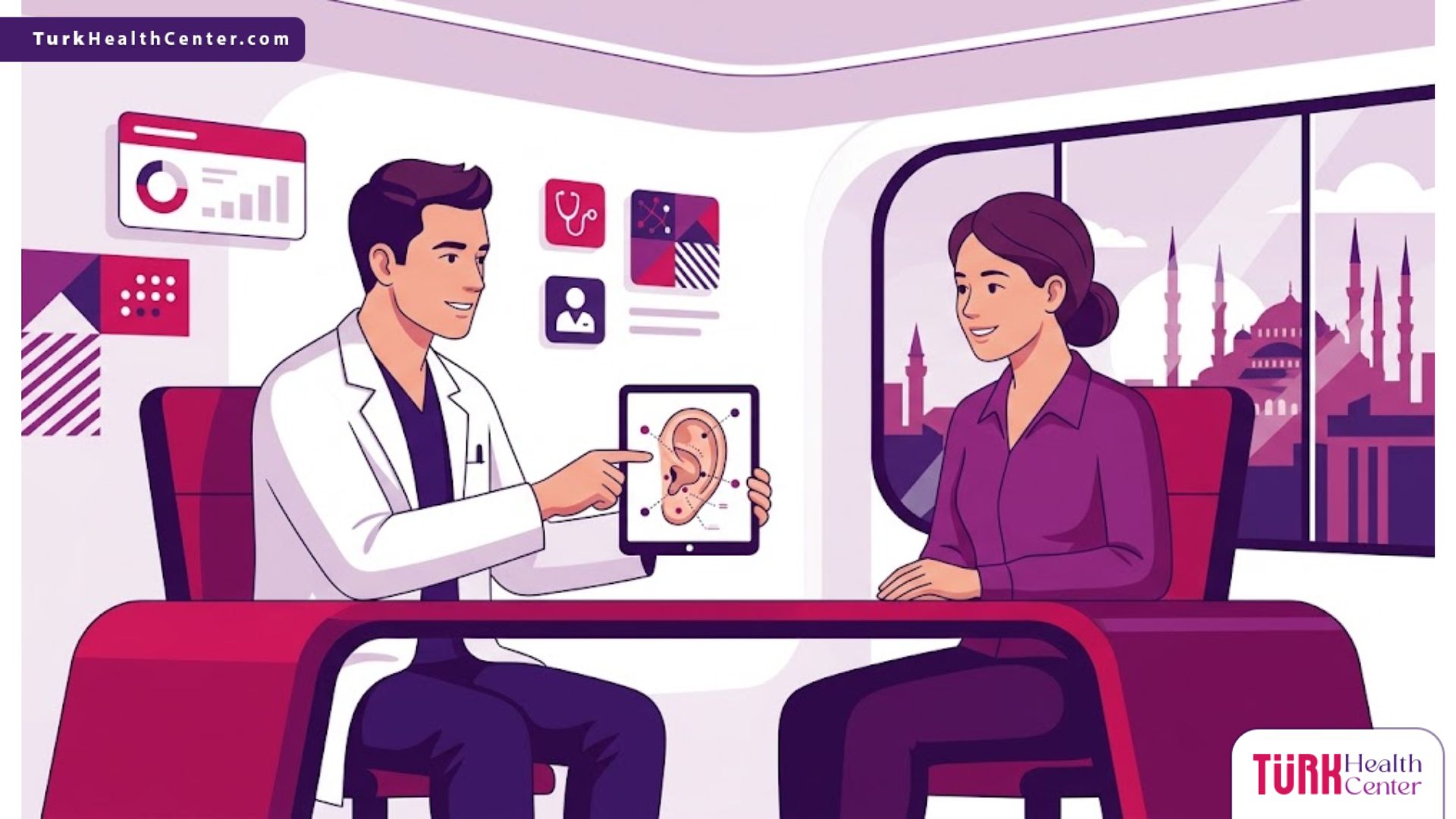 رسوم توضيحية لعيادة حديثة تشرح عملية تجميل شحمة الأذن في تركيا مع طبيب متخصص 