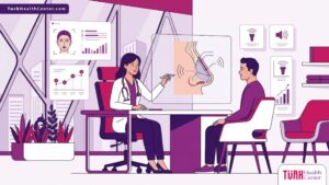 رسم توضيحي عصري لطبيب يشرح عملية تجميل الأنف بتقنية بيزو لمريضة داخل عيادة فاخرة بألوان أرجوانية احترافية 