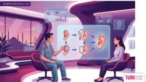 رسوم توضيحية احترافية لطبيب يشرح خطوات إعادة بناء الأذن في تركيا لمريض في عيادة فاخرة 