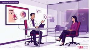 رسم توضيحي يظهر طبيباً يشرح خطوات تجميل الأنف المفتوح في تركيا لمريض داخل عيادة فاخرة بألوان أرجوانية عصرية 