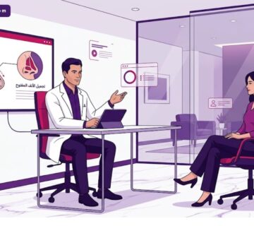 رسم توضيحي يظهر طبيباً يشرح خطوات تجميل الأنف المفتوح في تركيا لمريض داخل عيادة فاخرة بألوان أرجوانية عصرية 