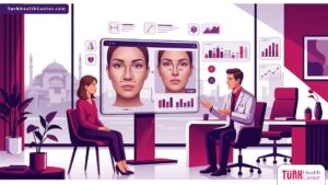 رسم توضيحي يظهر طبيب يشرح عملية تجميل الأنف العريض في تركيا لمريض داخل عيادة فاخرة 