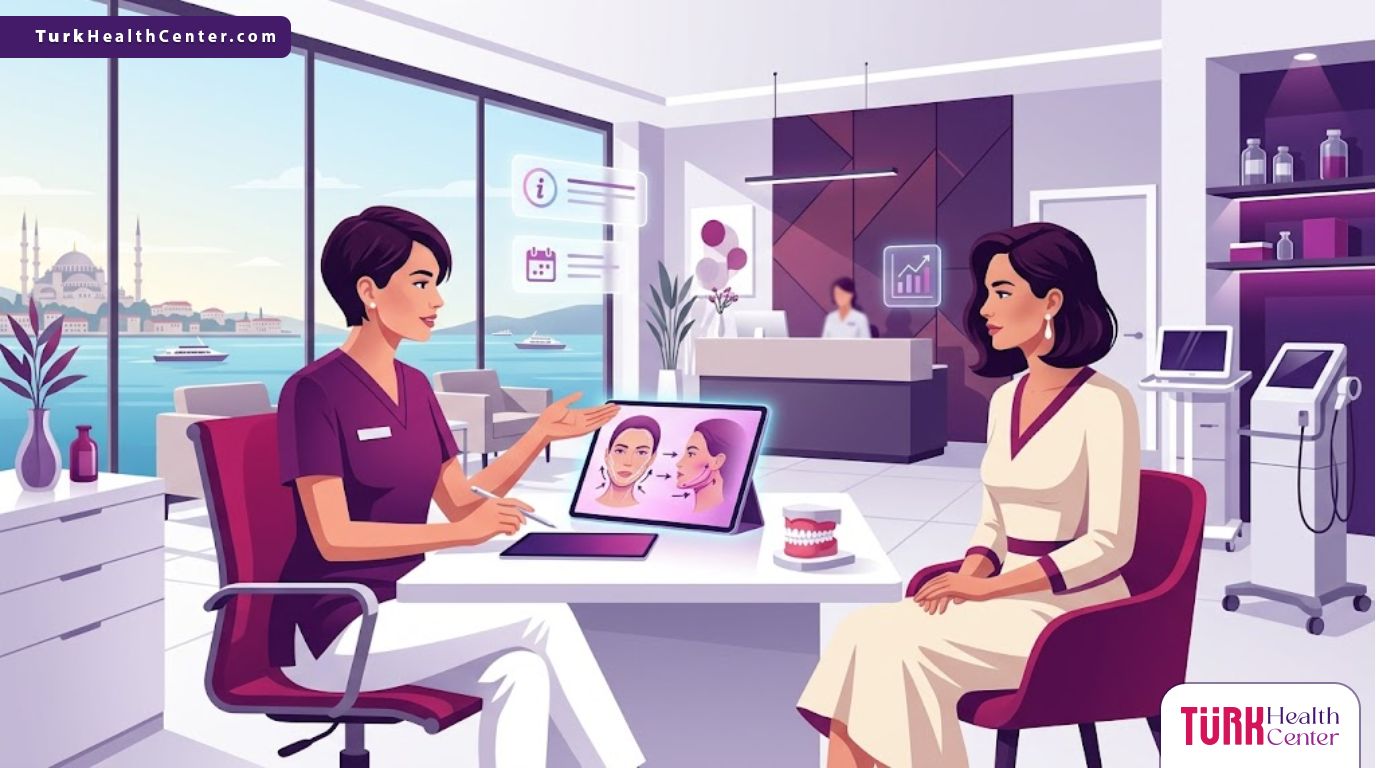 رسم توضيحي يظهر استشارة طبية متخصصة لعملية تحديد الفك بالفيلر في تركيا داخل عيادة حديثة 