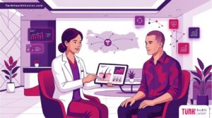 رسم توضيحي يظهر طبيب يشرح تقنيات تجعل تركيا المركز الاول في زراعة الشعر داخل عيادة حديثة 