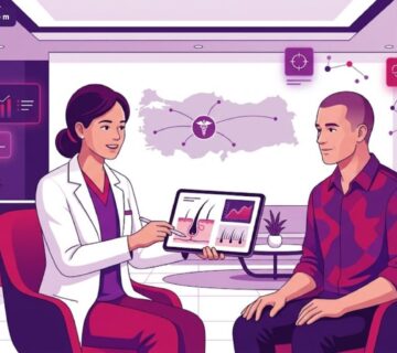 رسم توضيحي يظهر طبيب يشرح تقنيات تجعل تركيا المركز الاول في زراعة الشعر داخل عيادة حديثة 