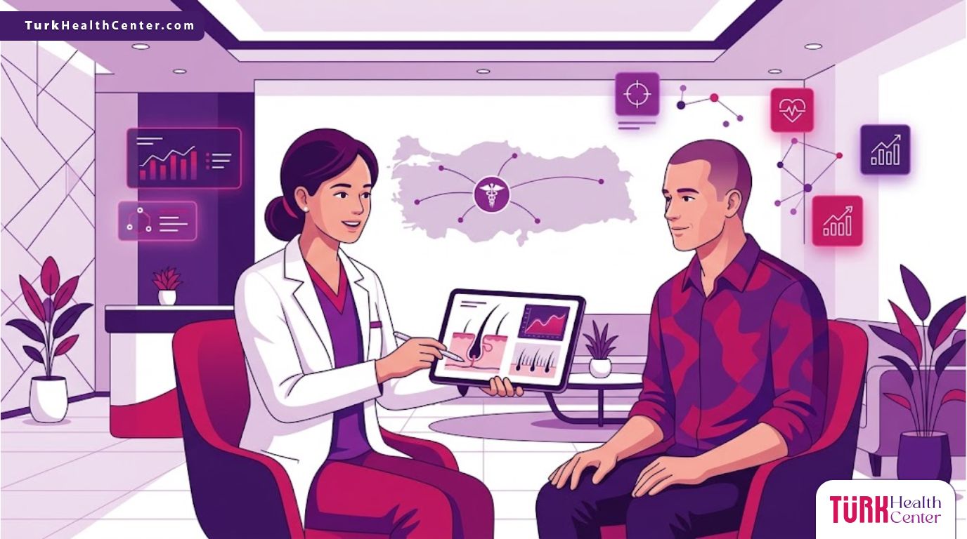 رسم توضيحي يظهر طبيب يشرح تقنيات تجعل تركيا المركز الاول في زراعة الشعر داخل عيادة حديثة 