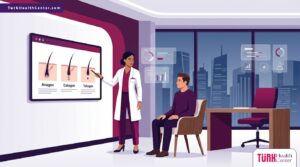 رسوم توضيحية داخل عيادة طبية تشرح مراحل تساقط الشعر المزروع بعد العملية للمريض 