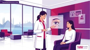 رسم توضيحي عصري لعيادة طبية فاخرة يشرح فيها الطبيب عملية تصغير الجفون بدون جراحة في تركيا للمريض 