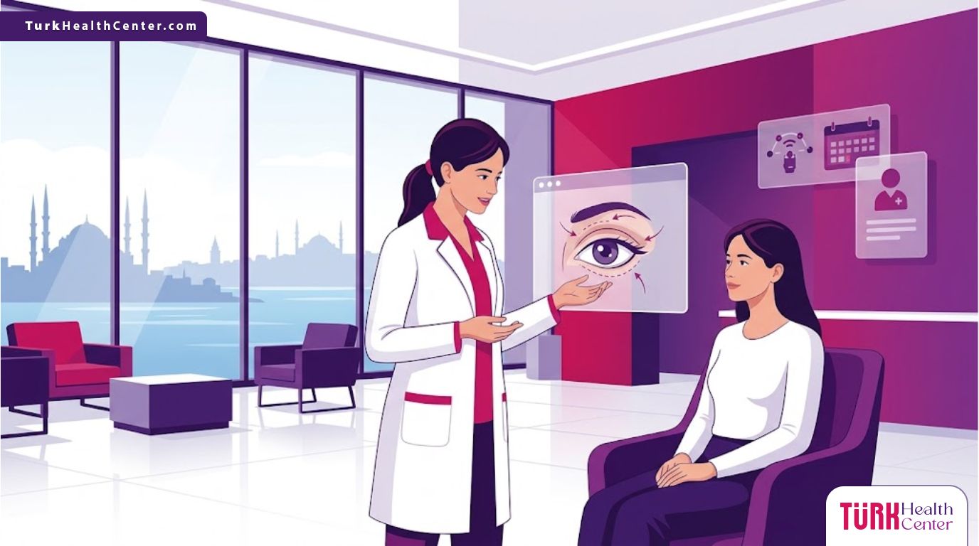 رسم توضيحي عصري لعيادة طبية فاخرة يشرح فيها الطبيب عملية تصغير الجفون بدون جراحة في تركيا للمريض 