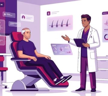 رسم توضيحي يظهر طبيبًا يشرح للمريض تعليمات بعد عملية زراعة الشعر في عيادة حديثة 
