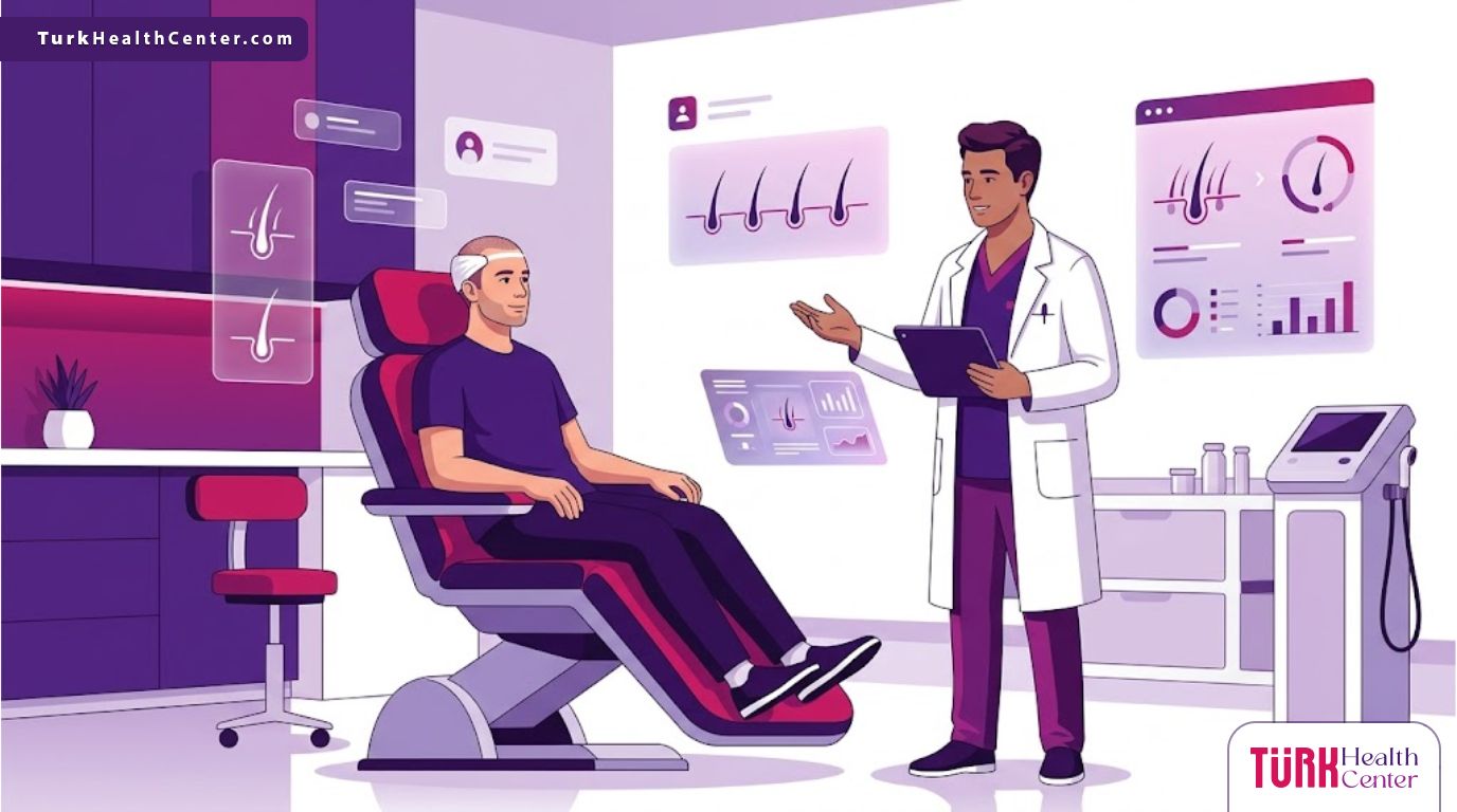 رسم توضيحي يظهر طبيبًا يشرح للمريض تعليمات بعد عملية زراعة الشعر في عيادة حديثة 