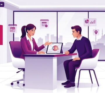 رسم توضيحي يظهر طبيبًا يشرح تقنيات تغيير لون العين في تركيا لمريض داخل عيادة عصرية فاخرة 