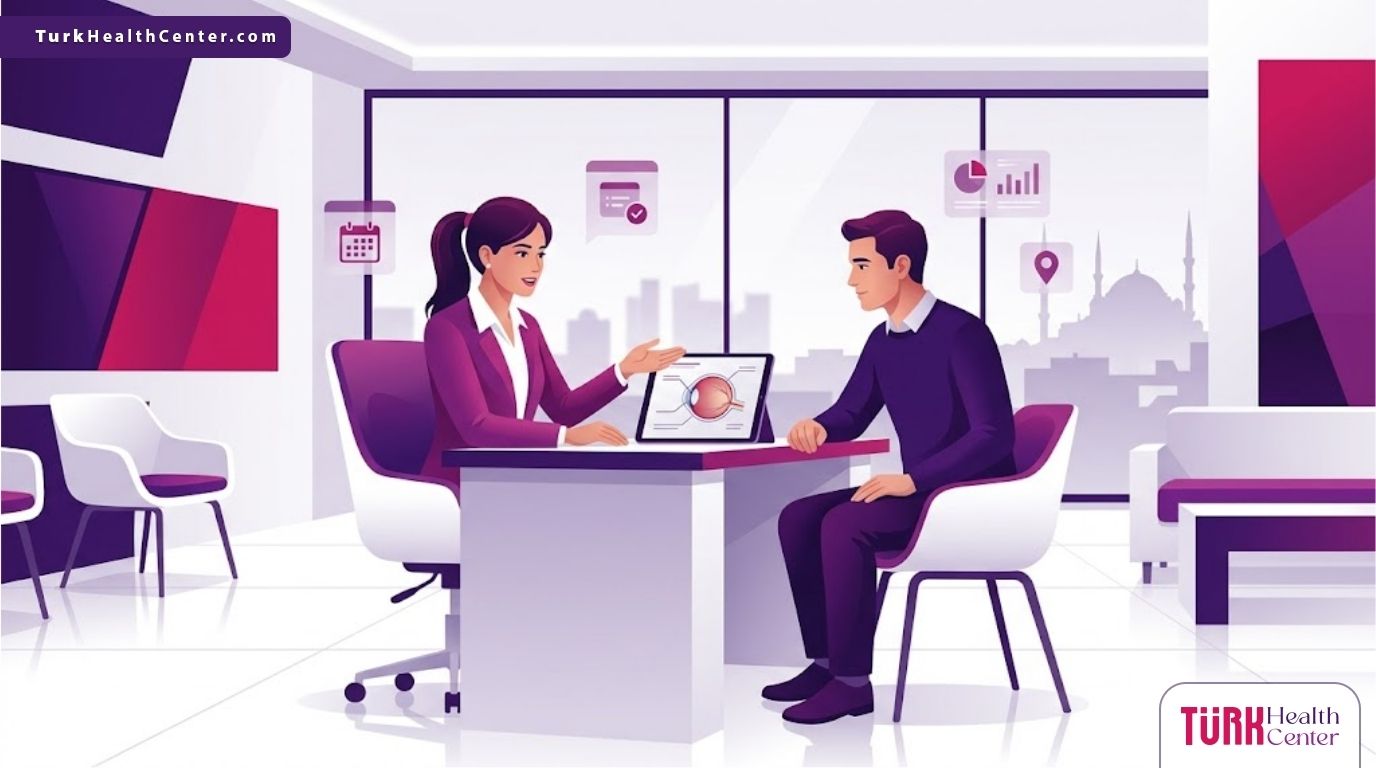 رسم توضيحي يظهر طبيبًا يشرح تقنيات تغيير لون العين في تركيا لمريض داخل عيادة عصرية فاخرة 