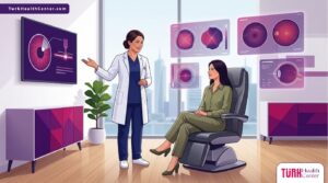 رسم توضيحي يظهر طبيب يشرح عملية تغيير لون العين الدائم في تركيا لمريض داخل عيادة فاخرة 