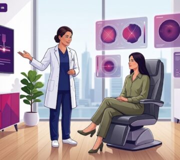 رسم توضيحي يظهر طبيب يشرح عملية تغيير لون العين الدائم في تركيا لمريض داخل عيادة فاخرة 