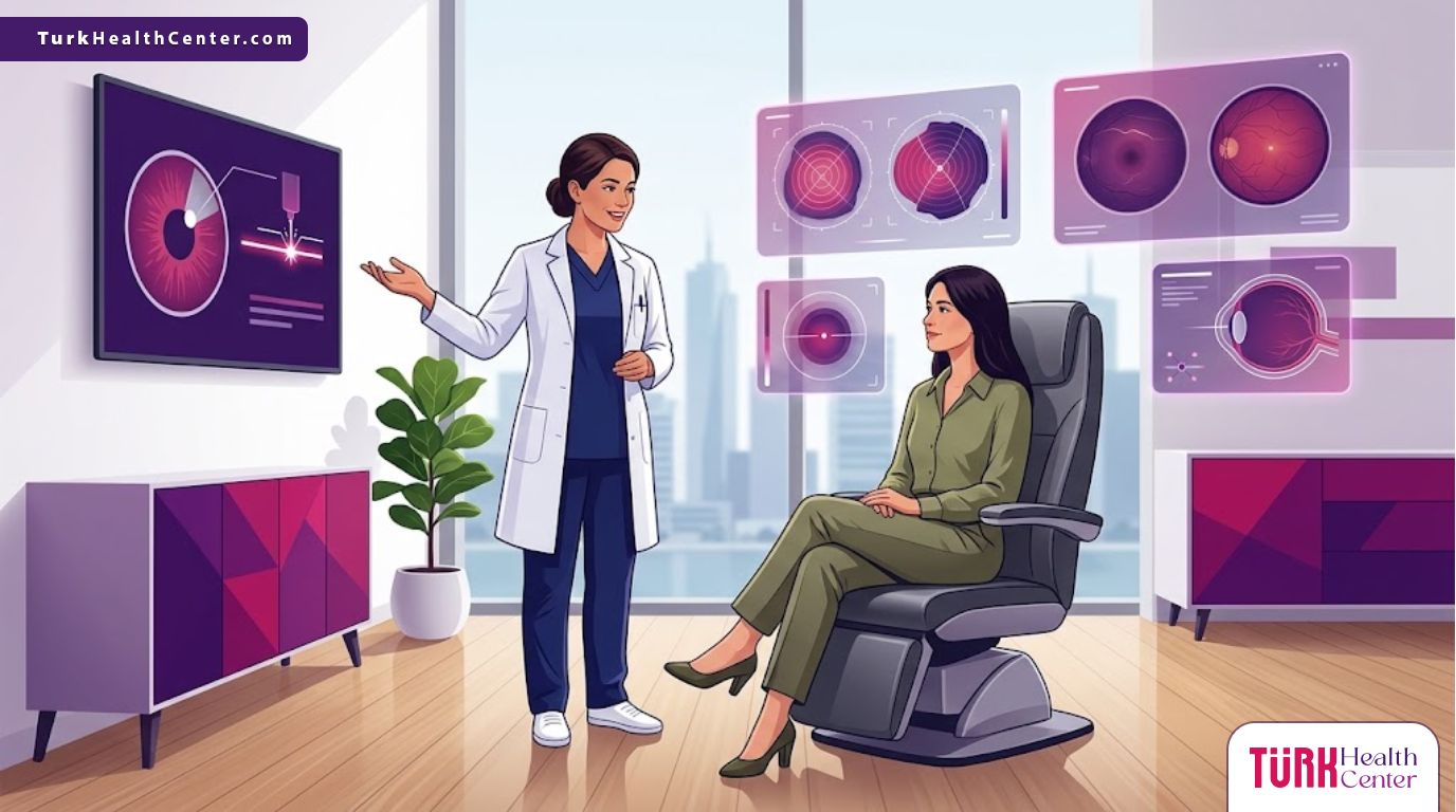 رسم توضيحي يظهر طبيب يشرح عملية تغيير لون العيون بالليزر في تركيا لمريض داخل عيادة فاخرة 