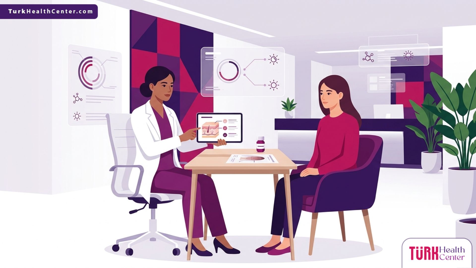 رسم توضيحي لعيادة طبية فاخرة تشرح تقنية تقشير Dermamelan للتصبغات العميقة في تركيا 